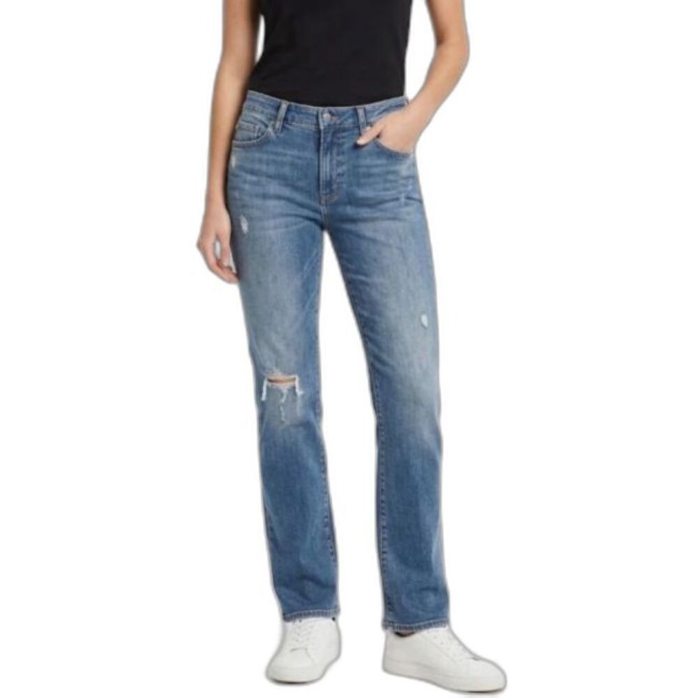 Theory Women's Blue Denim Mid-Rise Distressed Ripped Straight Leg Jeans Size 32